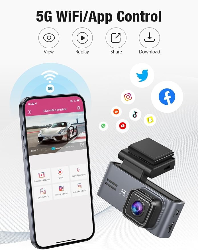 OMBAR Dash Cam 5G WiFi GPS, 3 Channel Dash Cam Front and Rear Inside - Image 5