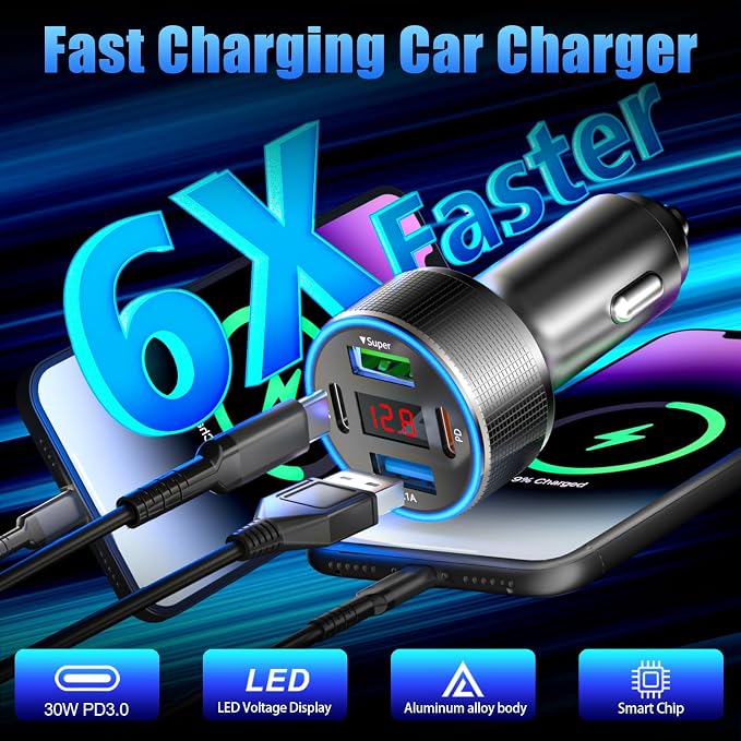Car Charger with USB C Cable, 78W 4 Port Car Phone Charger Adapter Fast Charging - Image 2