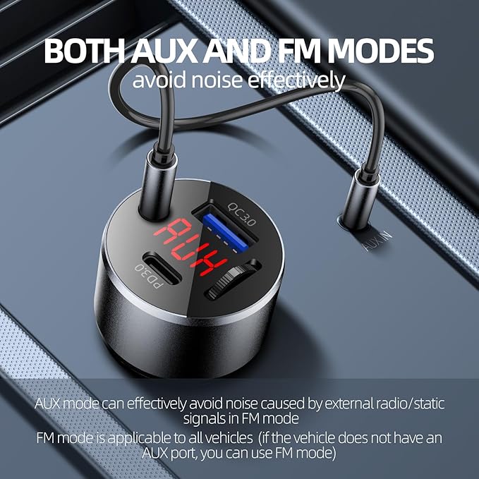AUX Car Adapter FM Transmitter, iMyOnly QC/PD All-Metal Bluetooth V5.3 AUX - Image 3