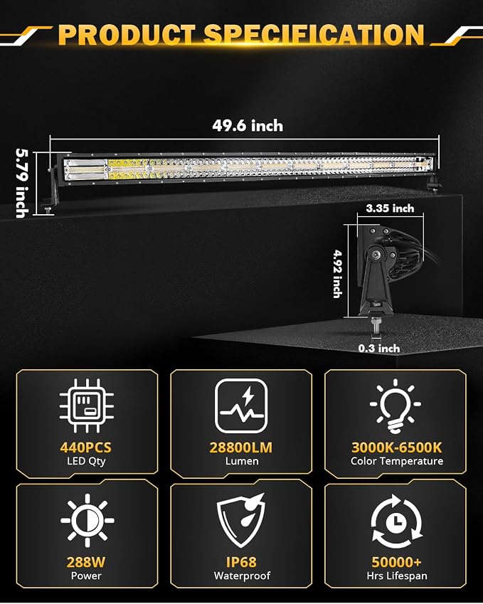 Auxbeam 50 Inch Curved LED Light Bar, 288W 6 Modes Amber White Strobe Fog Lights - Image 4