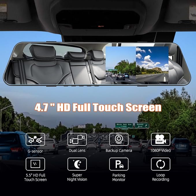 Mirror Dash Cam 4.7 Inch Rear View Mirror 720P Front and Rear View Dual Cameras - Image 2