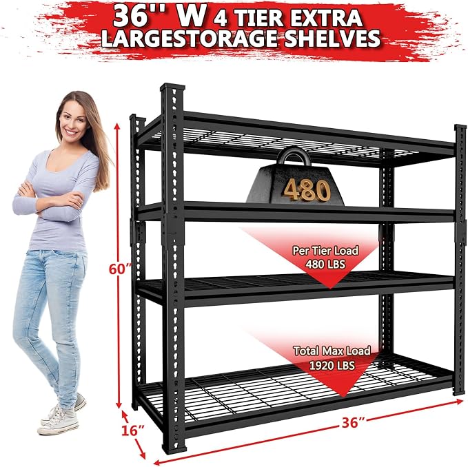 Storage Shelves 4PCS, Garage Shelving Heavy Duty 1920LBS Capacity, 4 Tier - Image 3