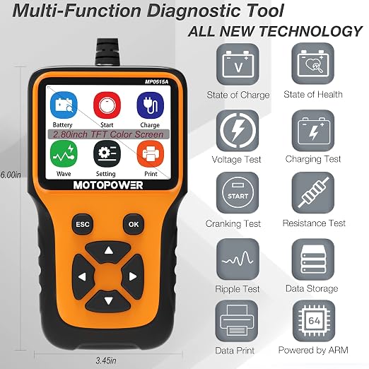 MOTOPOWER MP0515A 12V Car Battery Tester Automotive 100-2000 CCA Battery Load - Image 2