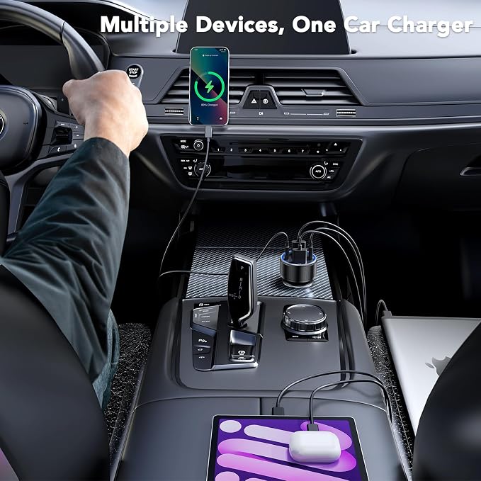 USB C Car Charger, 4 Port 78W Dual USB Car Charger Adapter Fast Charging Multi - Image 5