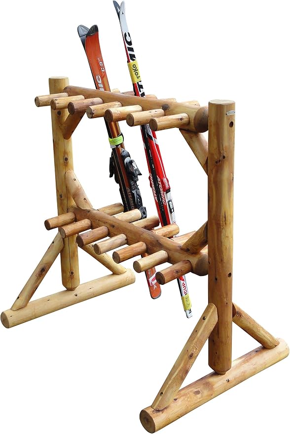 11-Place Freestanding Log Ski Rack Holder, Indoor & Outdoor Snowboard Racks - Image 3