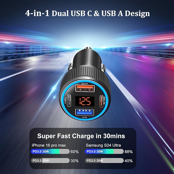 USB C Car Charger 3 Pack, Costyle 65W 4 Port Car Power Adapter - Image 2
