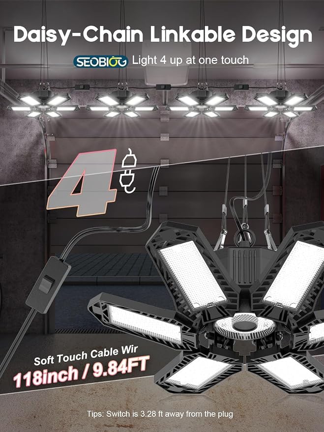SEOBIOG 2 Pack Plug in Garage Light, Upgraded 200W 20000LM Linkable LED Shop - Image 3