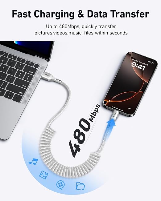 Coiled USB to USB C Cable 6FT, Samsung Galaxy, Google Pixel, LG Phones-Silver - Image 6