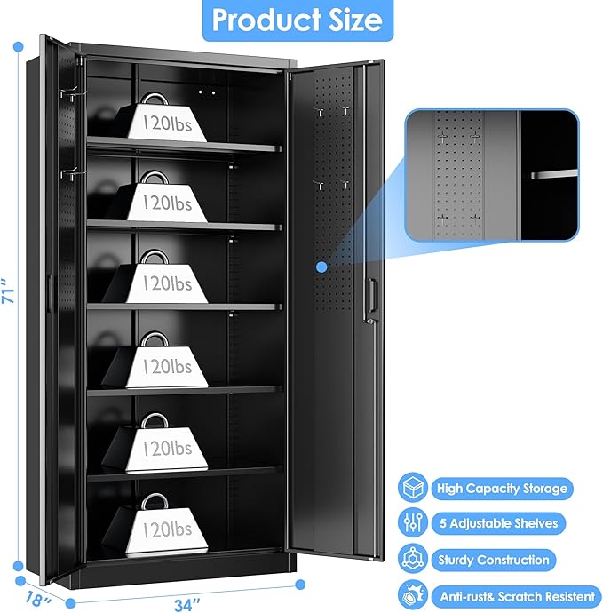 Metal Storage Cabinet with Pegboard 71'' x 34'' x 18'', Lockable Steel Storage - Image 3