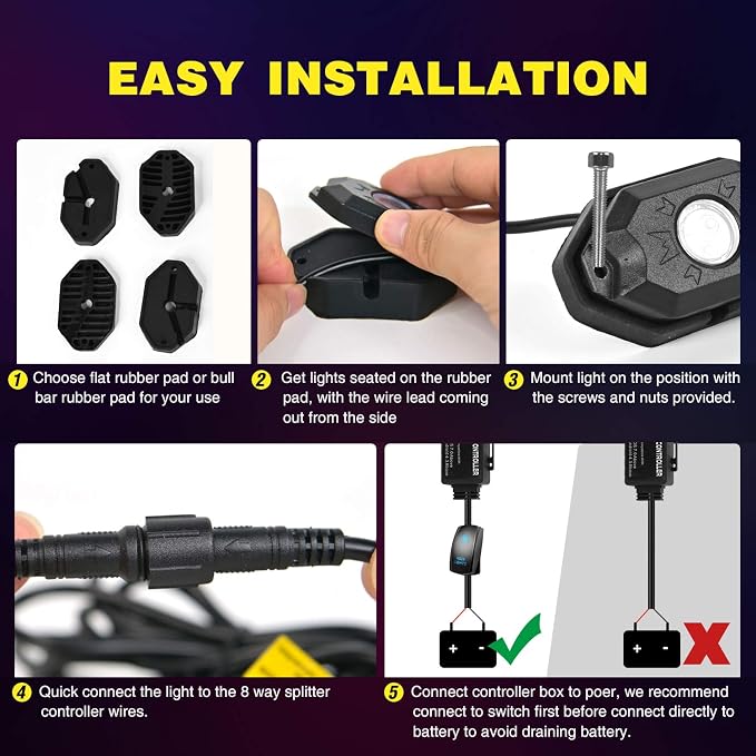 Nilight RGB LED Rock Lights Kit 8 pods Underglow Neon Multicolor - Image 6