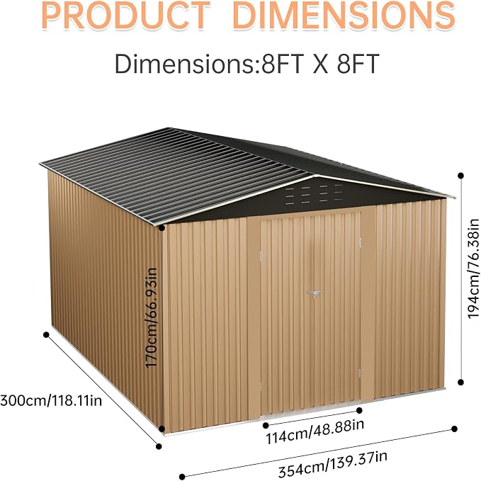 8X8FT Outdoor Metal Storage Shed, Lockable Weatherproof Garden Shed - Image 2
