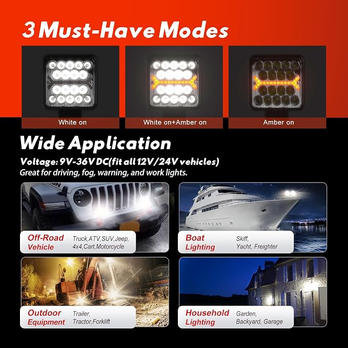 Firehawk LED Light Pods Bar 4 Inch 30000LM 60W Square Spot Flood Amber White - Image 4