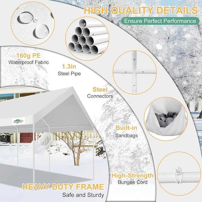 COBIZI Carport 12x20ft Heavy Duty Portable Garage, 2.0 Powder Coated Frame - Image 3