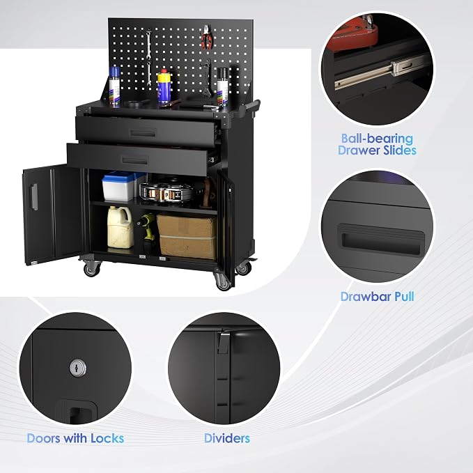 Black Tool Cart with Pegboard and 4 Hooks, Garage Storage Cabinet on Wheels - Image 4