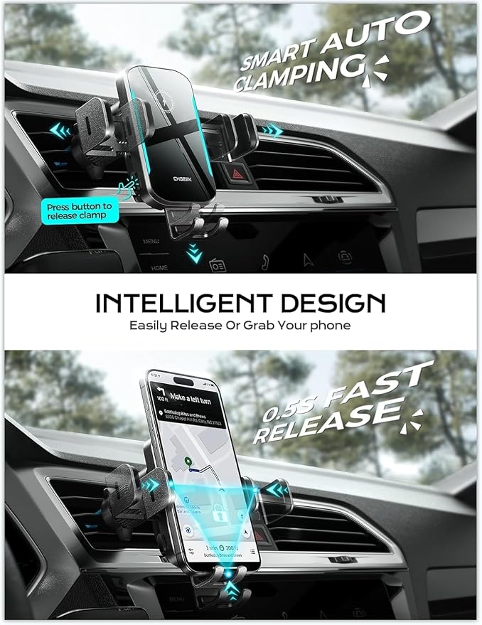 CHGeek 15W Wireless Car Charger – Auto-Clamping Qi Fast Charging Vent Mount - Image 5