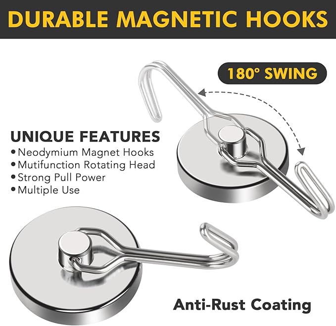 MIKEDE Magnetic Hooks, 110LB Heavy Duty Neodymium Magnet Hooks, Strong Swivel - Image 5