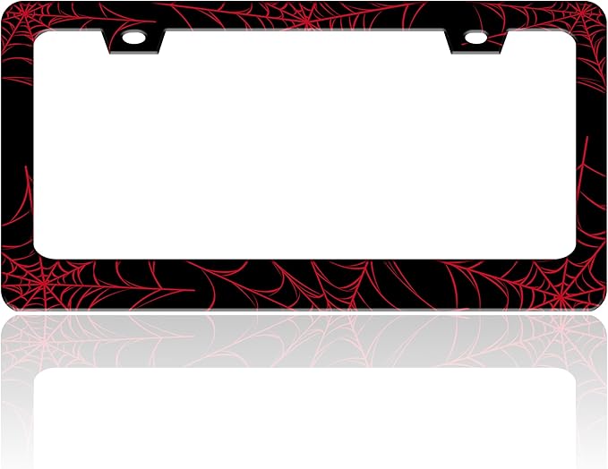 Red Spider Web License Plate Frame Funny Cobweb Stainless Steel License Plate by TINALUIN