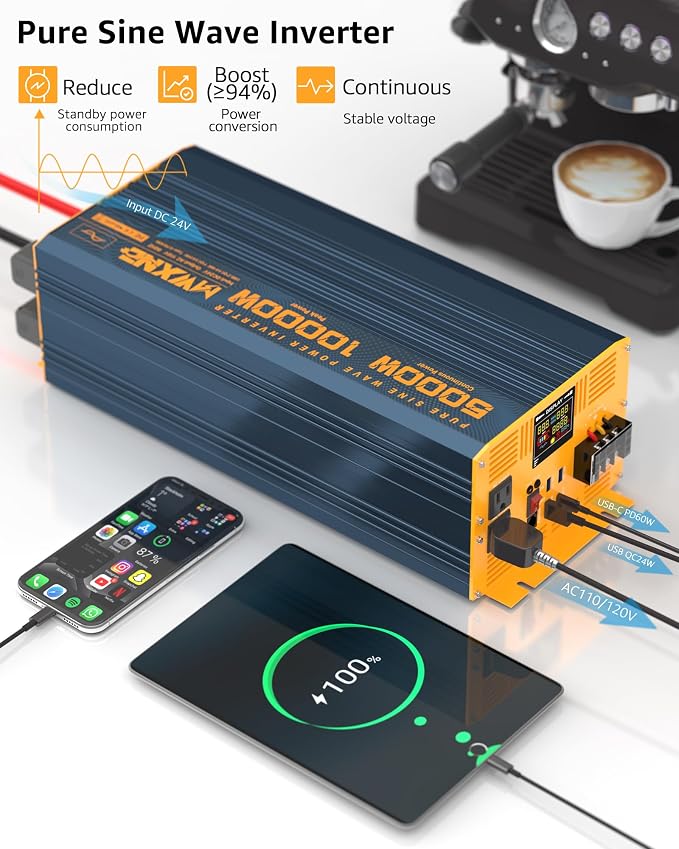 5000 Watt Power Inverter Pure Sine Wave 24V DC to 110V 120V 10000W Peak Heavy - Image 5