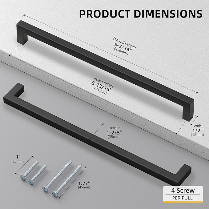 goldenwarm 200 Pack Black Square Bar Cabinet Pull Drawer Handle Stainless Steel - Image 2