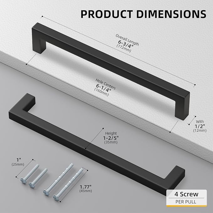 goldenwarm 15 Pack 6-1/4INCH Black Square Bar Cabinet Pull Drawer Handle - Image 2