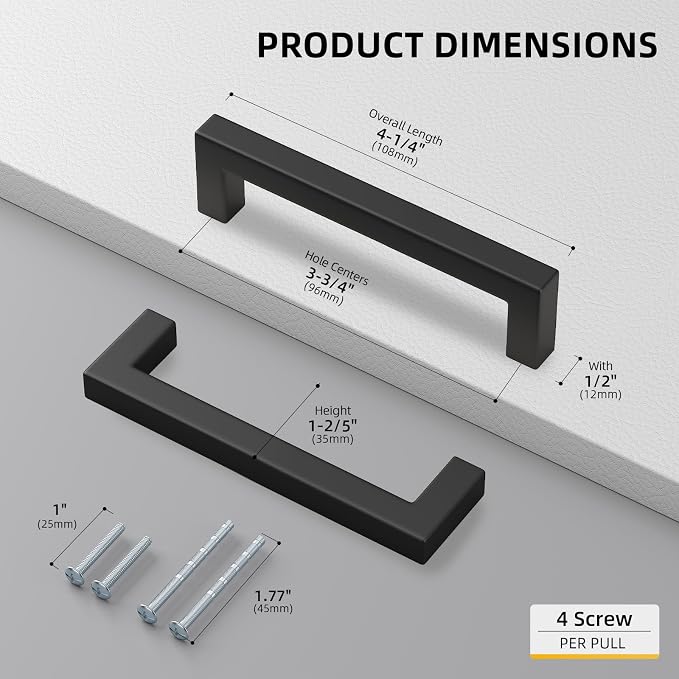 Goldenwarm 1 Pack Black Square Bar Cabinet Pull Drawer Handle Stainless Steel - Image 2