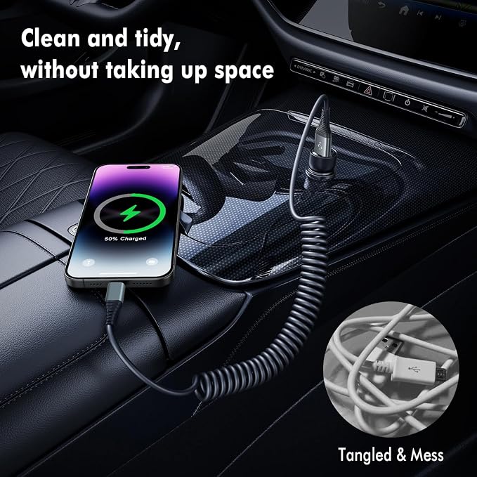 Coiled Lightning Cable 6FT, 2 Pack MFi Certified Retractable iPhone Car Charger - Image 3