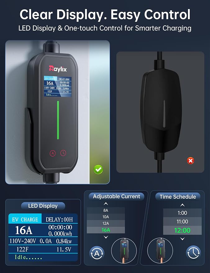 Raylix 16A Level 1&2 EV Charger, 110V-240V Electric Car Charger - Image 4