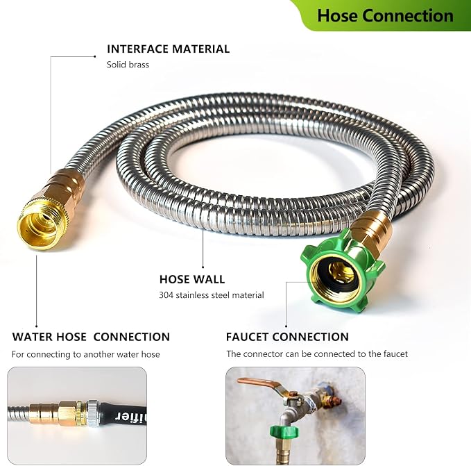 Metal Short Garden Hose 8 ft, Stainless Steel Water Hose Leader, Small Hose - Image 2