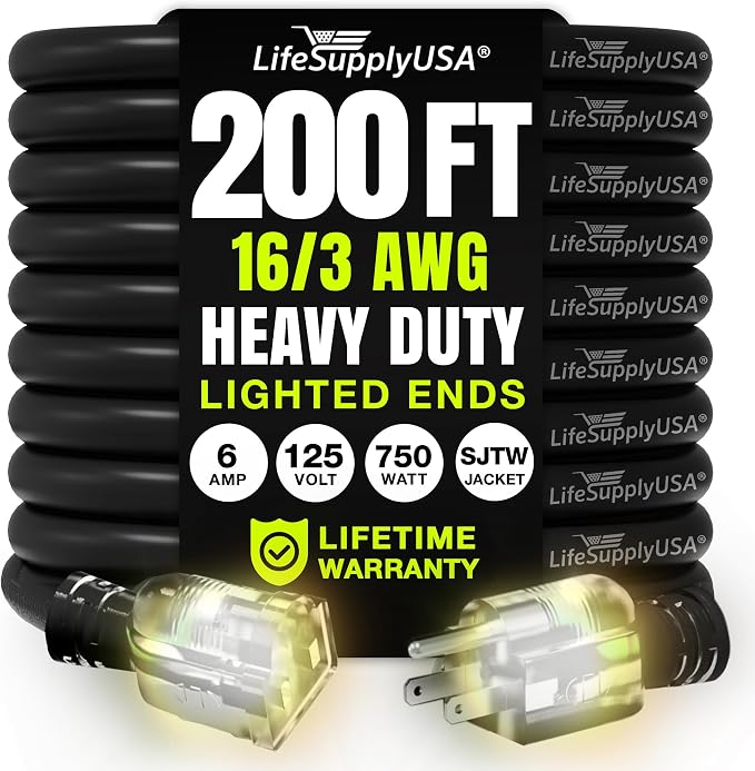 200ft Outdoor/Indoor Extension Cord 16/3 Gauge Heavy Duty 3 Prong SJTW by LifeSupplyUSA