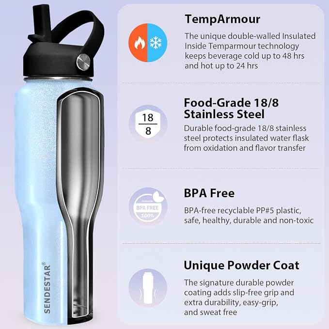 SENDESTAR 40oz Stainless Steel Water Bottle, Double Wall Vacuum Insulated Bottle - Image 3