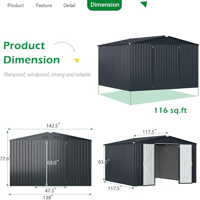 AECOJOY 12' x 10' Outdoor Storage Shed, Dark Grey Large 10x12 Sheds & Outdoor - Image 7