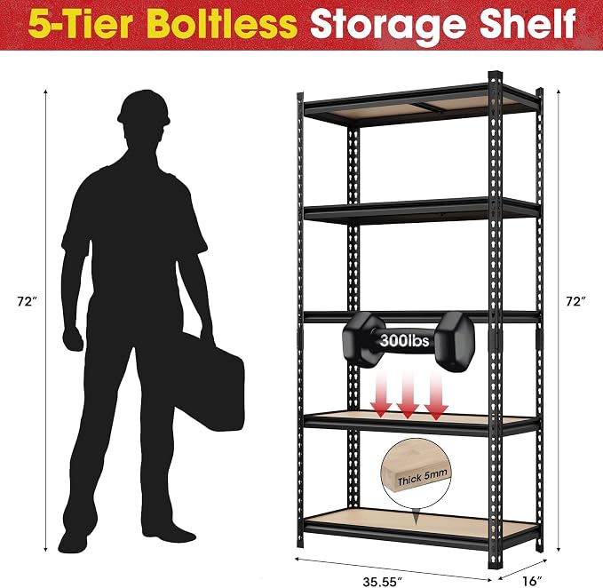 2 Pack 5 Tier Garage Shelving Unit, Adjustable Garage Storage Utility Rack - Image 3