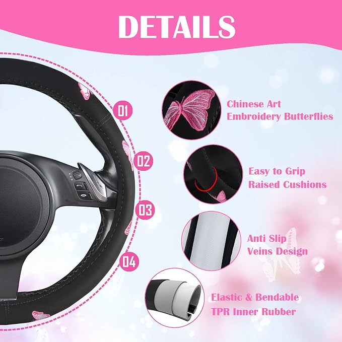 Car Pass Pink Embroidery Butterfly Steering Wheel Cover, Universal 15 Inch Car - Image 3