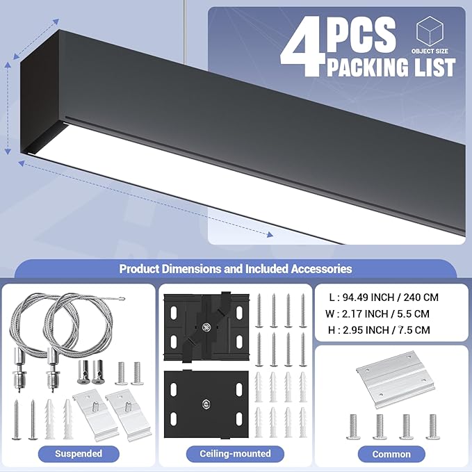 8FT LED Linear Light, 100/90/80/70/60W Up and Down Light, 3000/4000/5000K CCT - Image 2