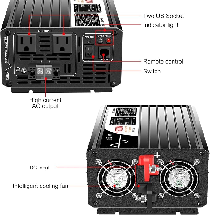 Xijia 1500W Pure Sine Wave LCD-Display Solar Power DC 12V Inverter AC 120V 60HZ - Image 5