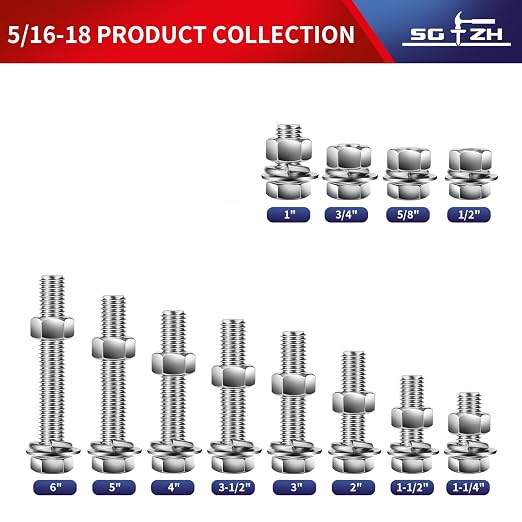 5/16-18 x 1/2" Hex Head Screw Bolt, Flat & Lock Washers, Fully Threaded - Image 3