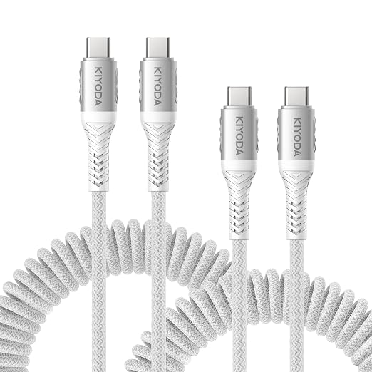 Coiled USB C to C Cable for Car 3ft, Samsung Galaxy, Google Pixel, TCL by KIYODA