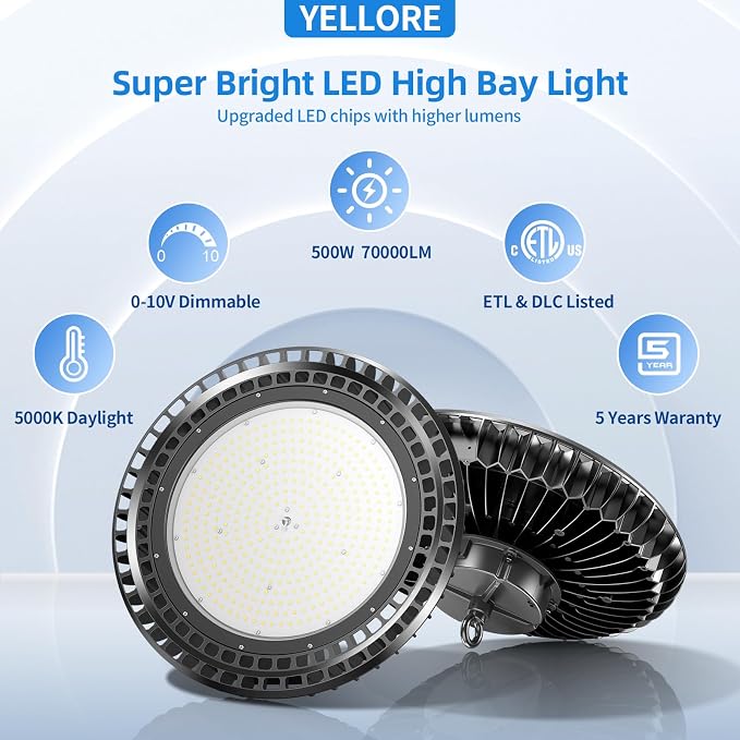 500W LED High Bay Light 72, 500LM DLC ETL Listed Industrial Grade UFO Light - Image 2