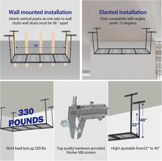 Overhead Garage Storage Rack 4x8 FT, Steel Ceiling Shelves 330lb Capacity - Image 4