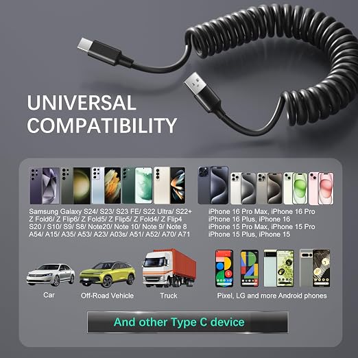 Coiled USB C Cable for Car, 3ft Retractable Car Charger Type C Fast Charging - Image 7