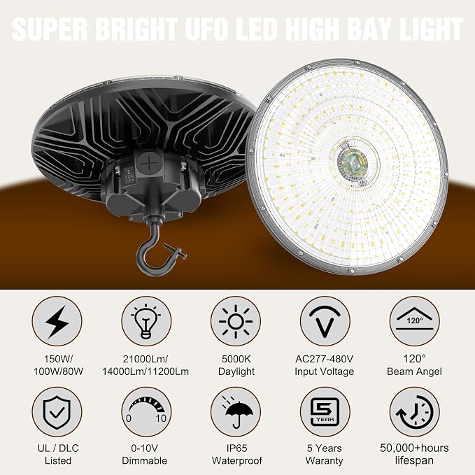 3 Pack 480V LED High Bay Light UL DLC Listed UFO Light 150W 100W 80W Adjustable - Image 2
