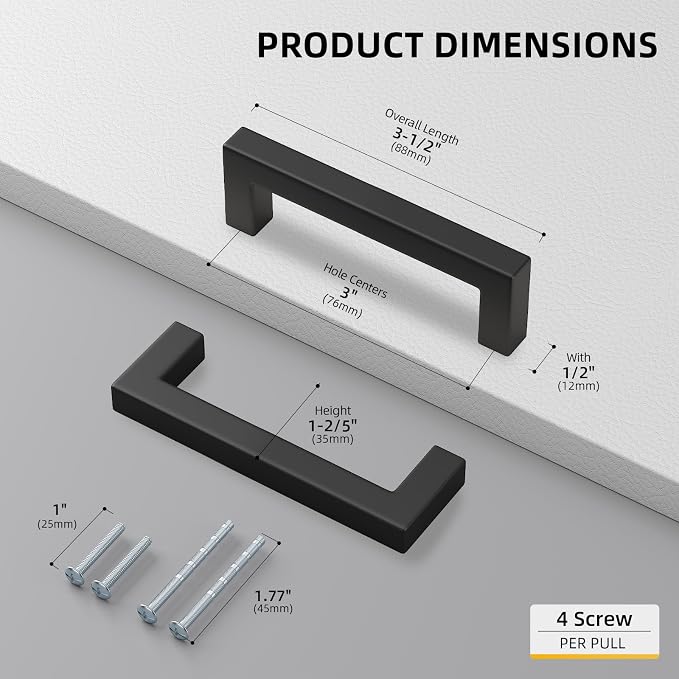 goldenwarm 3 Inch 60 Pack Matte Black Flat Square Bar Kitchen Hardware Closet - Image 2