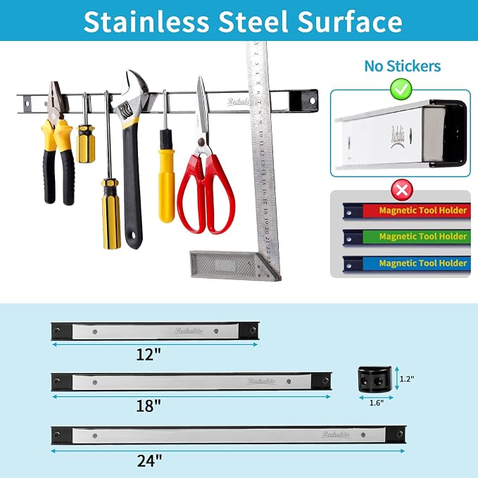 4 Pieces 24" Magnetic Tool Holder Strip, Stainless Steel Surface Tool Magnet Bar - Image 4
