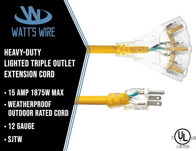 10 ft - 12 Gauge Heavy Duty Extension Cord - 3 Outlet Lighted SJTW - - Image 2