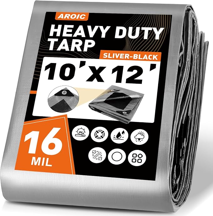 AROIC 10x12FT Heavy Duty Tarps Waterproof, 16 Mil Thick Camping Tarp-15x17 Weave by AROIC