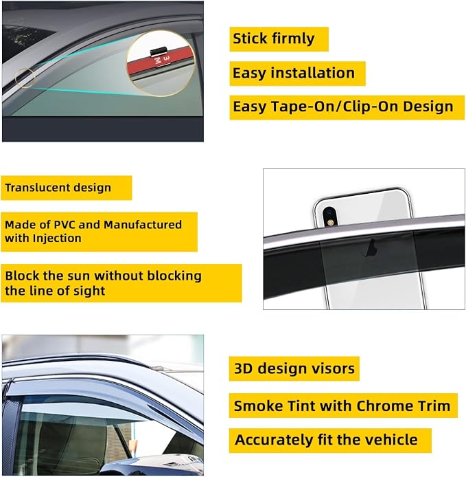 4pcs Smoke Tint With Chrome Trim Outside Mount Tape On/Clip On Style PVC Sun - Image 2