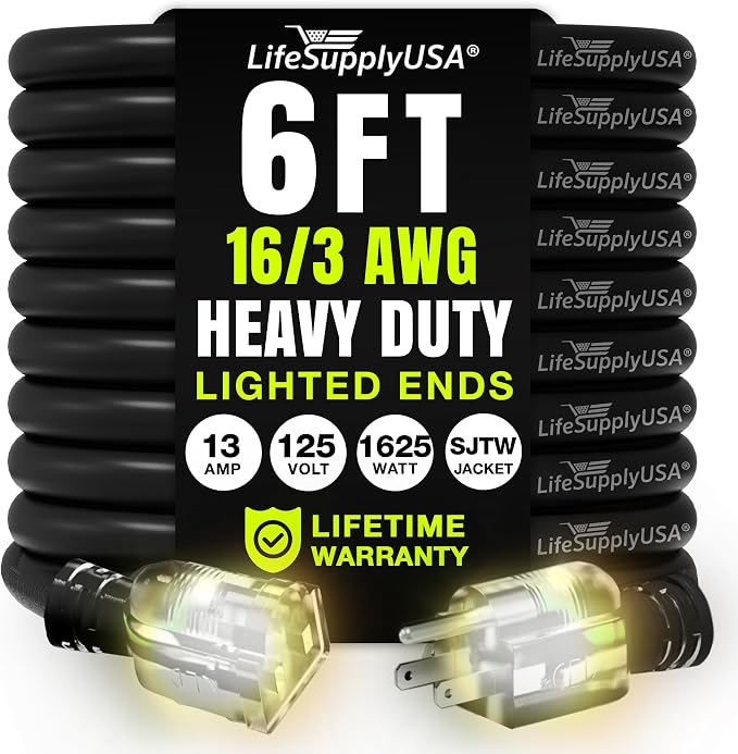6ft Outdoor/Indoor Extension Cord 16/3 Gauge Heavy Duty 3 Prong SJTW, Waterproof by LifeSupplyUSA