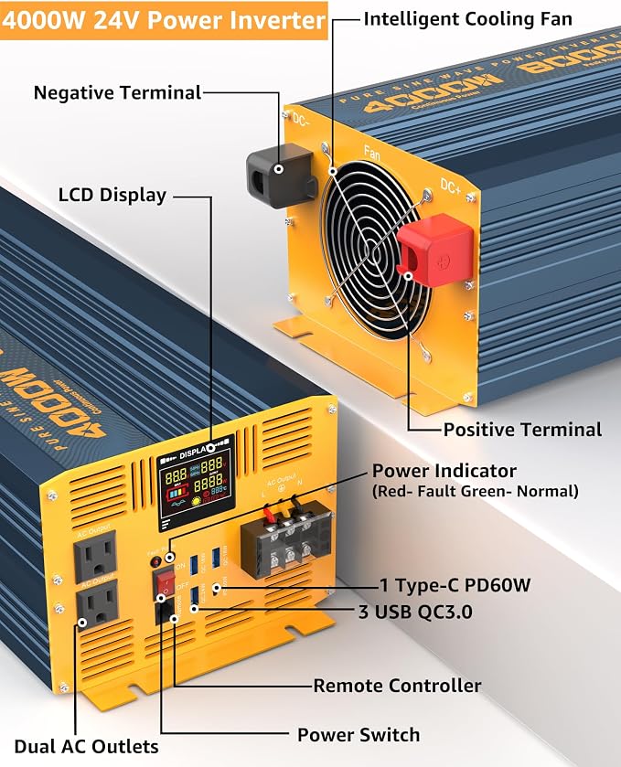 4000W Pure Sine Wave Power Inverter DC 24V to AC 110V 120V - Image 2