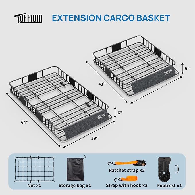 TUFFIOM 250lbs 64 x 39 x 6 inch Extendable Roof Top Cargo Carrier Basket - Image 3