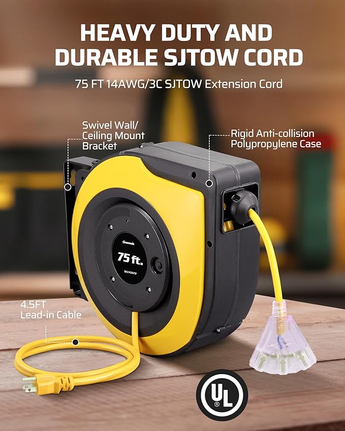 DEWENWILS Retractable Extension Cord Reel, 75 FT Heavy Duty Power Cord - Image 3